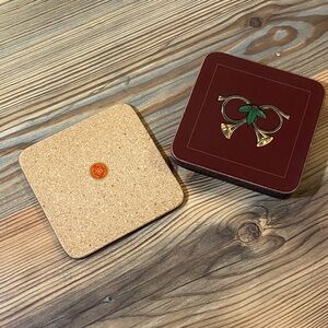 Vintage Set of Pimpernel Christmas Horn cork-backed coasters Burgundy Set of 5